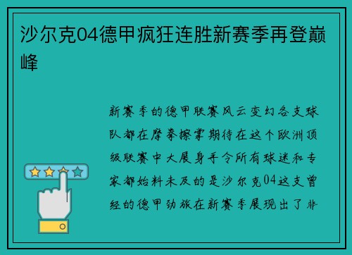 沙尔克04德甲疯狂连胜新赛季再登巅峰