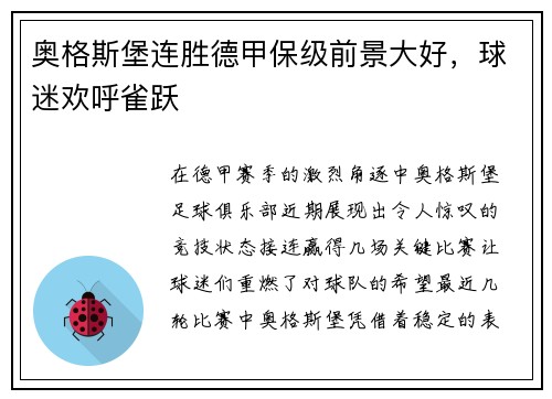 奥格斯堡连胜德甲保级前景大好，球迷欢呼雀跃