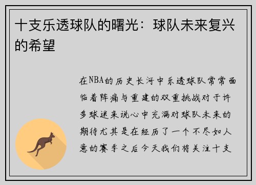 十支乐透球队的曙光：球队未来复兴的希望