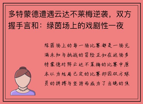 多特蒙德遭遇云达不莱梅逆袭，双方握手言和：绿茵场上的戏剧性一夜