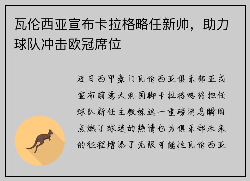 瓦伦西亚宣布卡拉格略任新帅，助力球队冲击欧冠席位