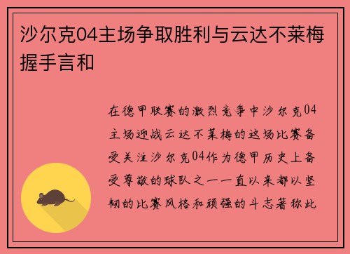 沙尔克04主场争取胜利与云达不莱梅握手言和