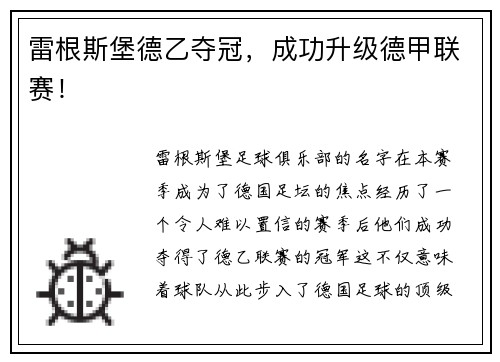 雷根斯堡德乙夺冠，成功升级德甲联赛！