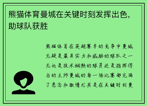 熊猫体育曼城在关键时刻发挥出色，助球队获胜