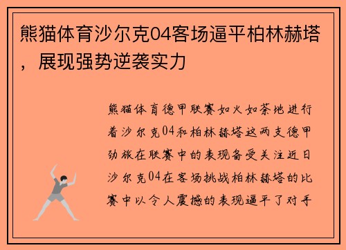 熊猫体育沙尔克04客场逼平柏林赫塔，展现强势逆袭实力