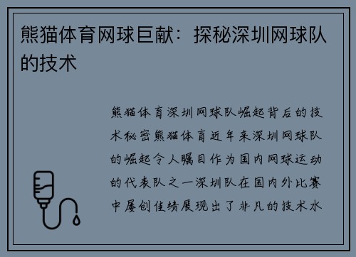 熊猫体育网球巨献：探秘深圳网球队的技术