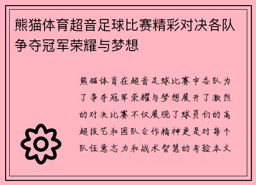 熊猫体育超音足球比赛精彩对决各队争夺冠军荣耀与梦想