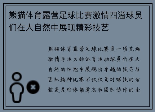 熊猫体育露营足球比赛激情四溢球员们在大自然中展现精彩技艺