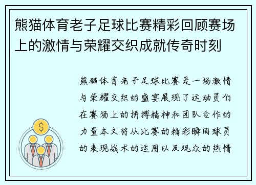 熊猫体育老子足球比赛精彩回顾赛场上的激情与荣耀交织成就传奇时刻