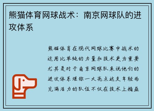 熊猫体育网球战术：南京网球队的进攻体系