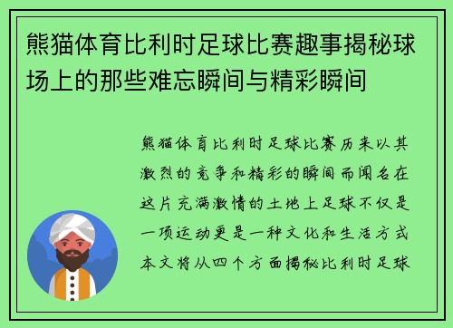 熊猫体育比利时足球比赛趣事揭秘球场上的那些难忘瞬间与精彩瞬间