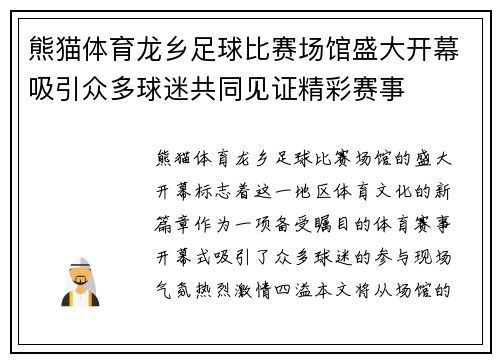 熊猫体育龙乡足球比赛场馆盛大开幕吸引众多球迷共同见证精彩赛事