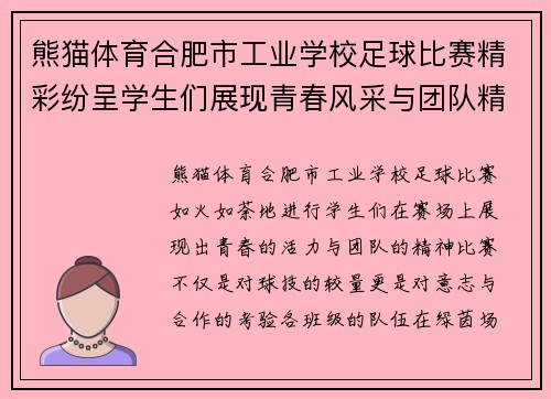 熊猫体育合肥市工业学校足球比赛精彩纷呈学生们展现青春风采与团队精神