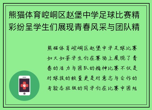熊猫体育崆峒区赵堡中学足球比赛精彩纷呈学生们展现青春风采与团队精神