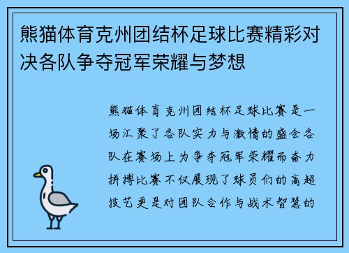 熊猫体育克州团结杯足球比赛精彩对决各队争夺冠军荣耀与梦想