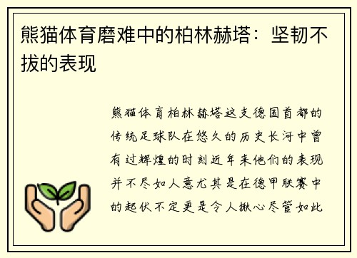 熊猫体育磨难中的柏林赫塔：坚韧不拔的表现