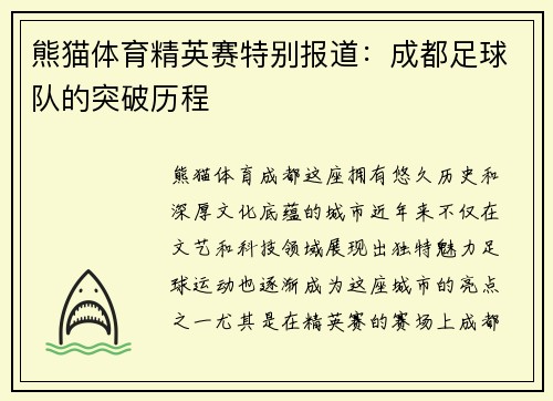 熊猫体育精英赛特别报道：成都足球队的突破历程