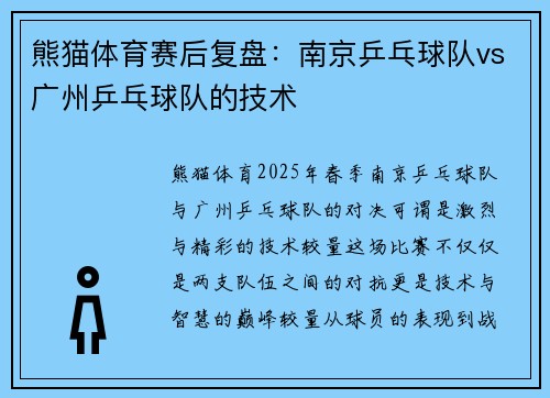 熊猫体育赛后复盘：南京乒乓球队vs广州乒乓球队的技术