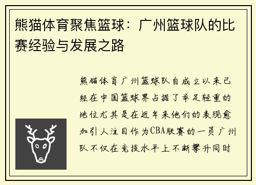熊猫体育聚焦篮球：广州篮球队的比赛经验与发展之路