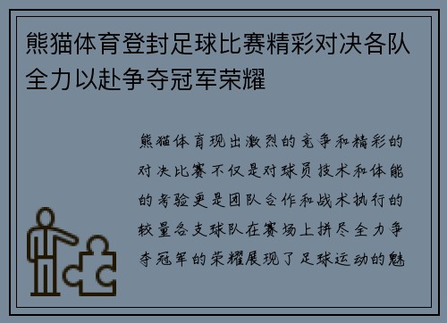 熊猫体育登封足球比赛精彩对决各队全力以赴争夺冠军荣耀
